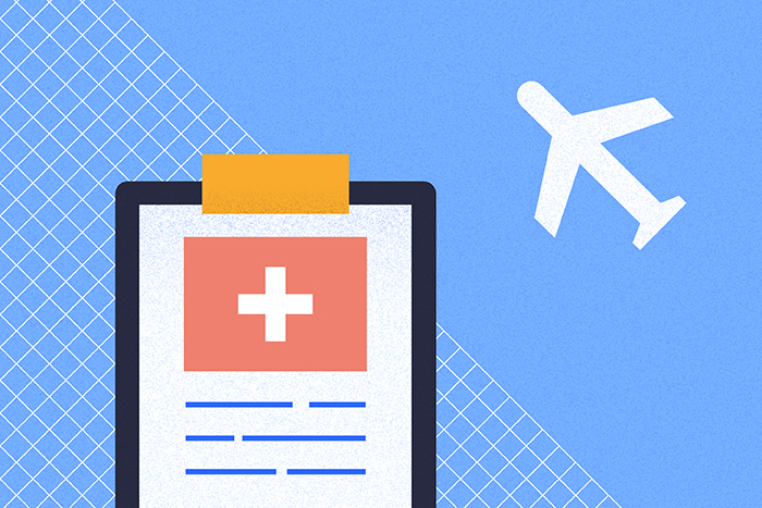 Illustration d'un presse-papiers avec une croix médicale et une silhouette d'avion sur un fond bleu.